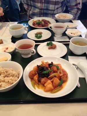 Foreground - sweet and sour 'pork' lunch set, background - hui gou rou (twice cooked 'pork') lunch set at Chien Fu in Tokyo