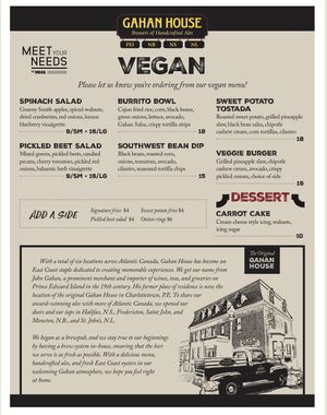 Vegan menu at Gahan House - Hub City in Moncton