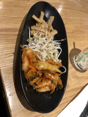 Bamboo shoots, bean sprouts , and kimchi   at Yayoi Ramen in Carle Place