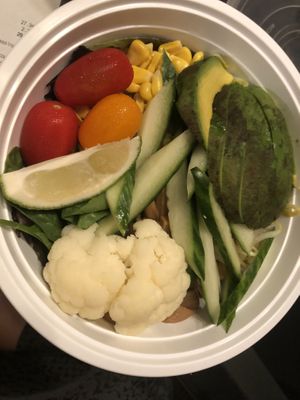 Vegan shoyu ramen, no mushroom no oil , no fried onion, with bamboo shoots , avocado , bean sprout, cucumber, kimchi, chili flakes on the side   at Yayoi Ramen in Carle Place