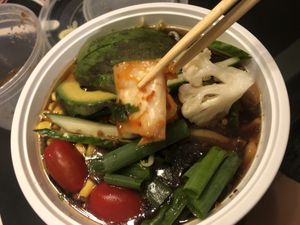 Vegan shoyu ramen,no mushroom no oil,no fried onion,with bamboo shoots,avocado,bean sprout,cucumber,kimchi,chili flakes on the side,with my home grown scallion Thai Basil,Shiso  at Yayoi Ramen in Carle Place