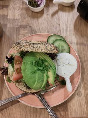 Avocado Bagel with chives cream at Bagels & Beans in Purmerend