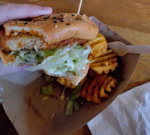 Chicken burger with waffle fries #Veganuary at The Saucy Cow in Cork