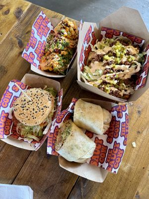 Salt & chili tofu, mcdaddy fries, space cowboy (I think), and the hot papi wrap  at The Saucy Cow in Cork