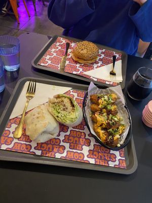 Caesar wrap, double cheeseburger, salt and chilli hasbrowns   at The Saucy Cow in Cork