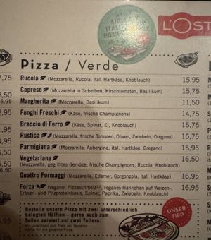 Menu (vegetarian/vegan pizza).  at L'Osteria in Bonn