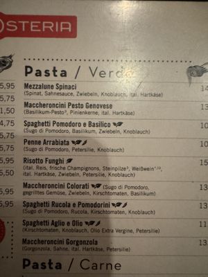 Menu (vegetarian/vegan pasta).  at L'Osteria in Bonn