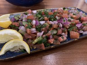 Shirazi salad special — quite good! Tomatoes, cucumber, onions (a lot!) with with herbs and lemon/olive oil dressing.   at Meze Moon in Chico