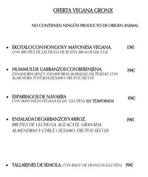 Carta vegana Gronx Zurriola  at GRONX Zurriola in San Sebastian