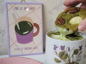 Matcha latte and cookie at Café Studio in Paris