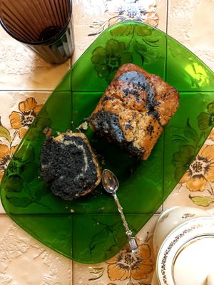 Black sesame and vanilla cake at Café Studio in Paris