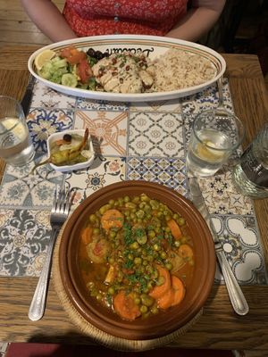 Tebhika (gf & vegan) and cauliflower steak (vegan)  at Al Casbah in Cambridge
