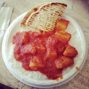 Vegan potato curry with rice and naan at Curry in a Hurry in Salt Lake City