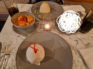 Tofu panang, egg fried rice and jasmine rice. (Meat curry scribbled out!) at Nok Nok Authentic Thai Food in Swansea