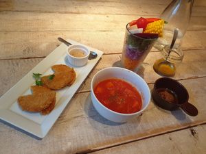 Tomato soup, salad parfait, and soy cutlets at AIN SOPH.Journey in Tokyo