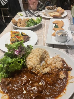 Tomatos/mushroom rice dish, quiche, soy cutlets, karrage and the mushrooms in the background  at AIN SOPH.Journey in Tokyo