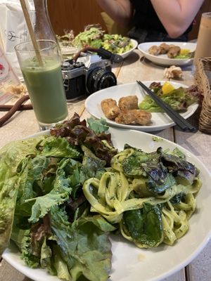 Pesto pasta, fried tofu, matcha latte  at AIN SOPH.Journey in Tokyo