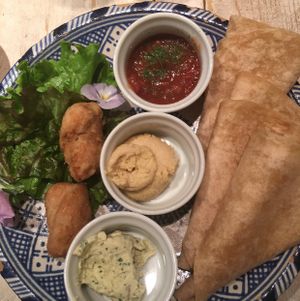 bread sauces and spread and two soy nuggets. at AIN SOPH.Journey in Tokyo