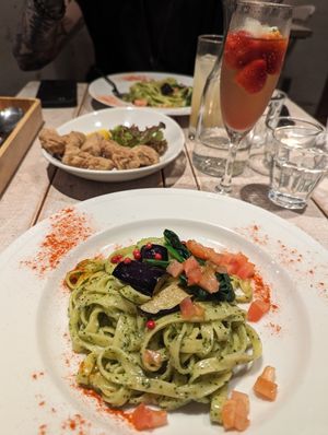 Pasta, and Karaage as a side. at AIN SOPH.Journey in Tokyo