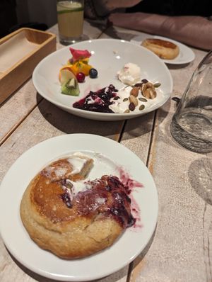 Fluffy pancakes! (Came with fruit, ice cream, jam and cream) at AIN SOPH.Journey in Tokyo
