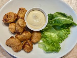 Karaage- soy and apple nuggets with delicious sauce/dip.  at AIN SOPH.Journey in Tokyo