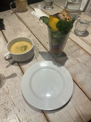 Salad and corn soup  at AIN SOPH.Journey in Tokyo