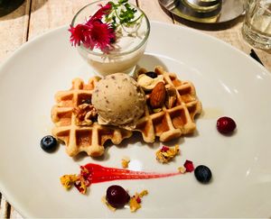 Waffles with ice cream and vegan whipped cream  at AIN SOPH.Journey in Tokyo
