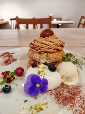 Chestnut pancake with vegan whipped cream and ice cream. It's their seasonal special, but they also have other pancake available at all times. Highly recommended! at AIN SOPH.Journey in Tokyo