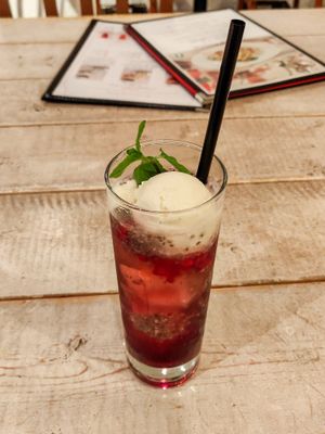 Raspberry soda with vegan ice cream. Please ask for no straw! at AIN SOPH.Journey in Tokyo