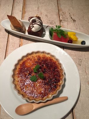 Dessert plate and  crème brûlée. at AIN SOPH.Journey in Tokyo