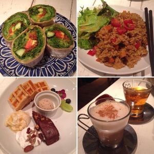 Salad wraps; dry curry; dessert plate; chai latte and strawberry tea. at AIN SOPH.Journey in Tokyo