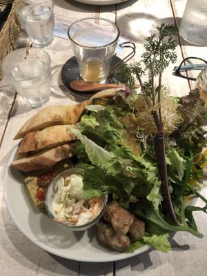 Amazing salad with tofu balls and a quiche like flan.  at AIN SOPH.Journey in Tokyo