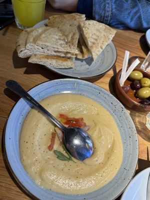 Flatbread, fava and olives   at The Real Greek in Edinburgh