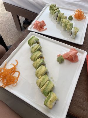 Vegan sushi filled and wrapped with Avocado (upon request)   at Mandala Beach Club  in Cancun