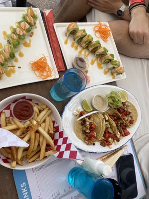 Vegan tacos (filled with veg) and fries   at Mandala Beach Club  in Cancun