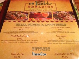 Mi Pueblo has a separate organic vegan & raw menu. This is the Appetizers section. at Mi Pueblo in Sarasota
