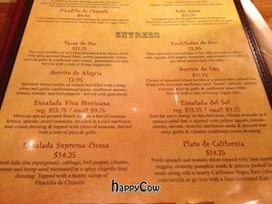 Mi Pueblo has a separate organic vegan & raw menu. This is the Entrees section. at Mi Pueblo in Sarasota