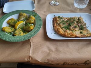 Zucchini flowers and fennel pie at Marathoriza Local Cuisine in Serifos