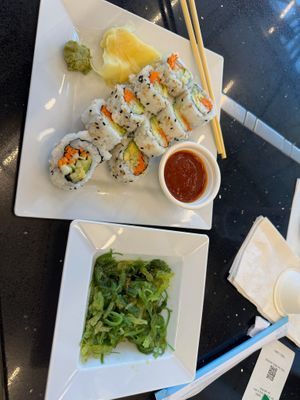 Veggie roll, Sriracha, and seaweed salad at CLT - Hisso Sushi in Charlotte
