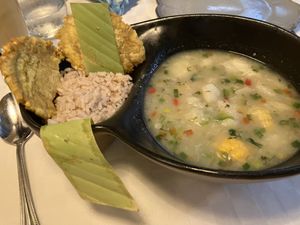 Sancocho sordo with tostones and coconut rice   at Restaurante Candé in Cartagena