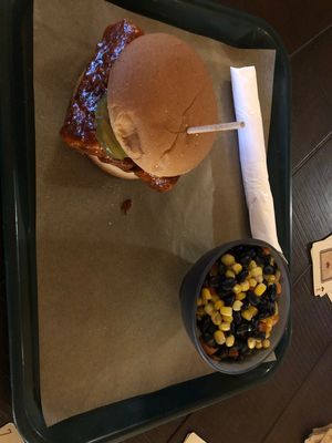 Hot Nashville tofu sammich with corn and bean side   at Yellowstone Beer Company in West Yellowstone