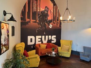 Back in the room… DEVinitely looks comfy  at Devs Coffee Bar in Battle Ground