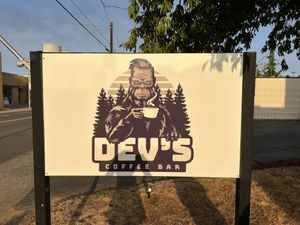 DEV’s outside signpost  at Devs Coffee Bar in Battle Ground
