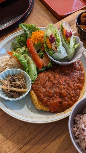 Hamburg steak, summerrolls, plenty of sides at Loving Hut - Nishinippori in Tokyo