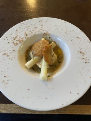 Asparagus flageolet mousse in dashi bouillon   at Bar Recyclart in Brussels