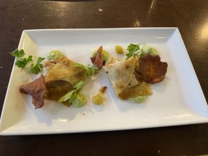 Wontons with pea and peppermint cream and tomato jelly   at Bar Recyclart in Brussels