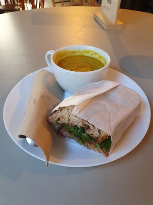 Vegan sandwich (half) and soup (dhal) of the day at Kentish Town Stores in London