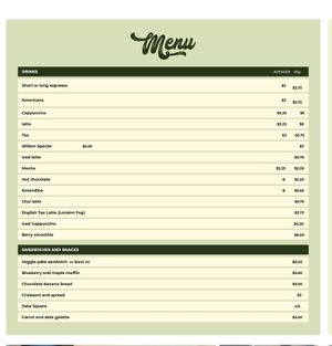 Menu at Le Wilson Café-boutique in Shawinigan