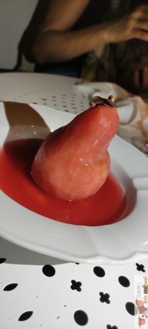 POACHED PEAR WITH HIBISCUS

Pear, HIBISCUS AND VERBENA ICE CREAM, PEACH COMPOTE at Faubourg Daimant in Paris