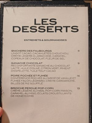 Sweet menu at Faubourg Daimant in Paris